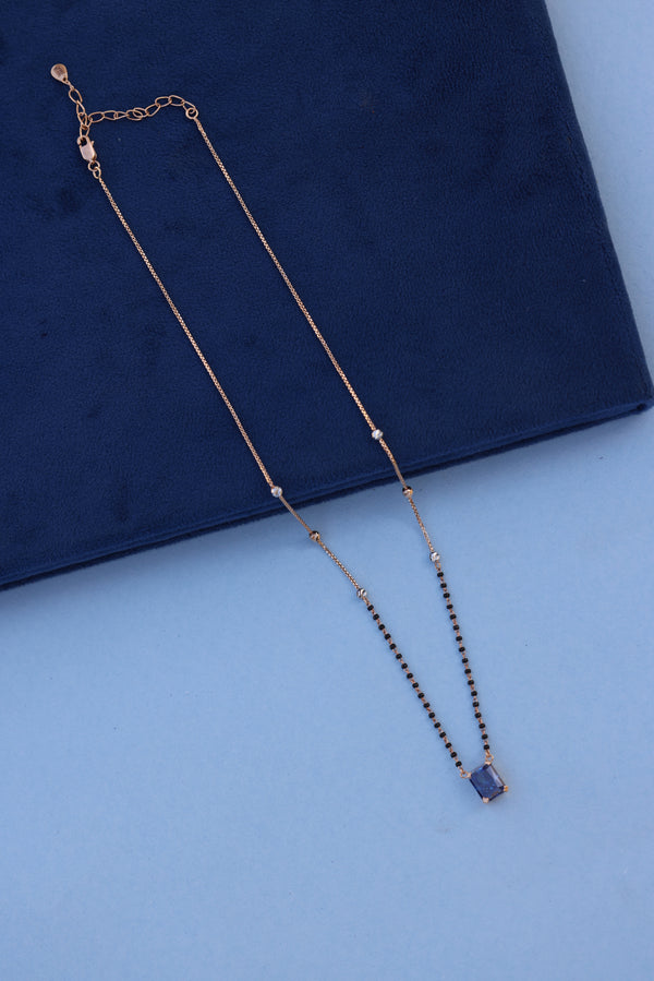 Rose Gold Mangalsutra Necklace with Blue American Diamond Pendant – Graceful & Contemporary