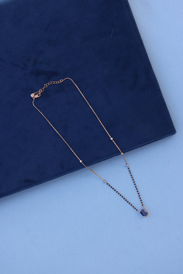 Rose Gold Mangalsutra Necklace with Blue American Diamond Pendant – Graceful & Contemporary