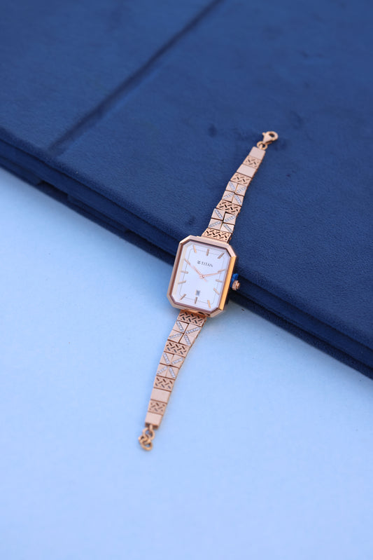 Titan Women's Watch with Geometric Gold Bracelet & American Diamond Embellishments