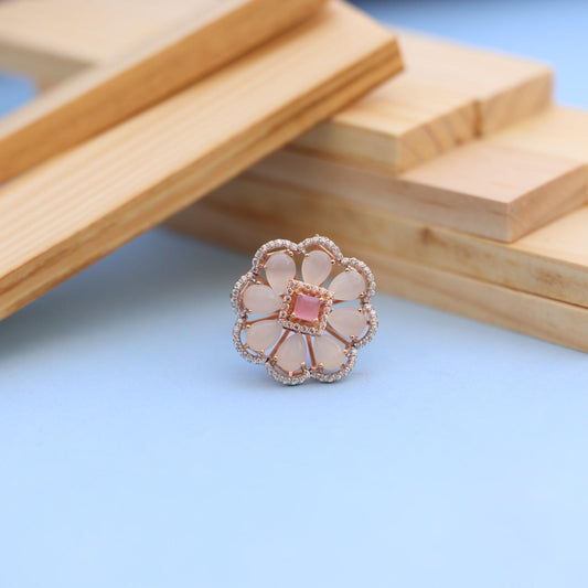 "Elegant Rose Gold Floral Ring with Pink Gemstone & White Accents"