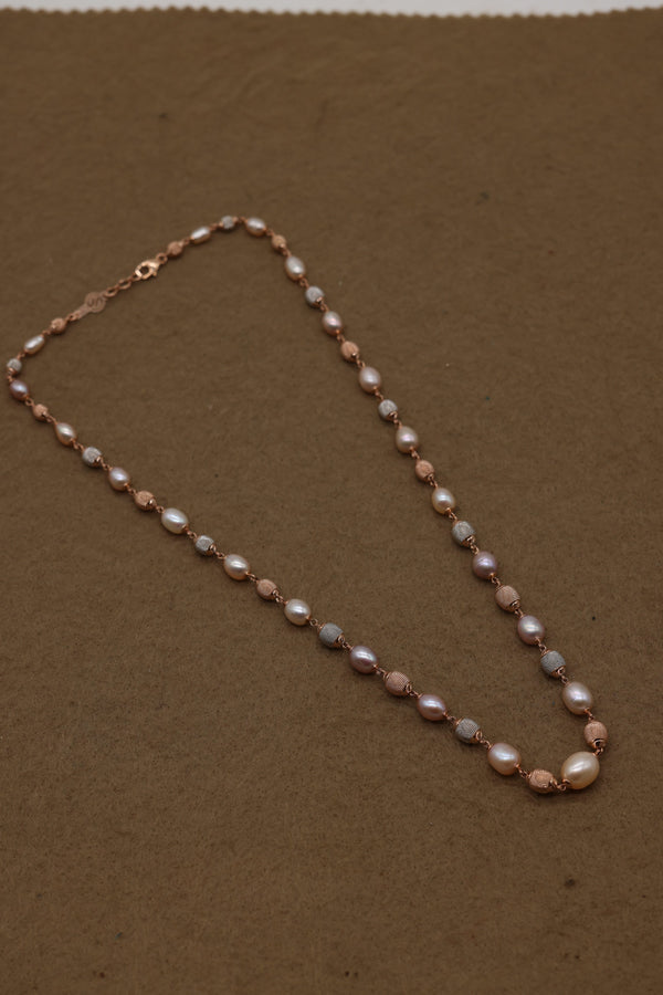 Rose Gold Freshwater Pearl Necklace with Textured Beads