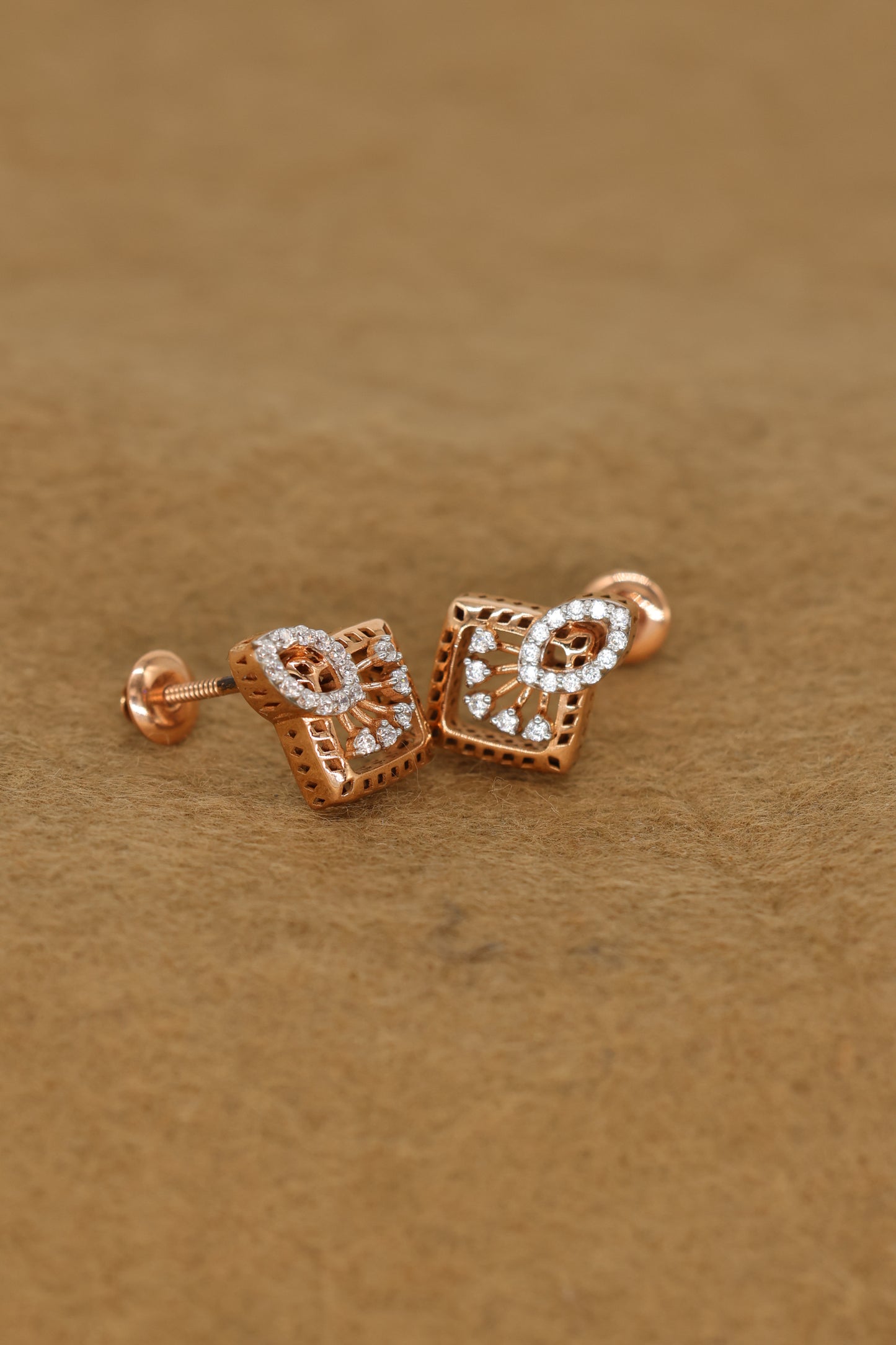Exquisite Rose Gold Square Earrings with Intricate Diamond Accents