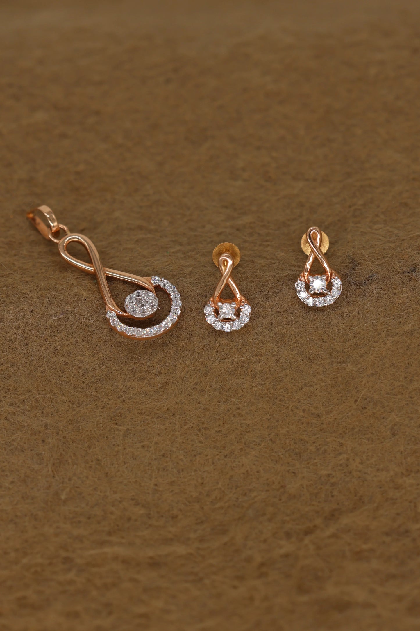 Rose Gold Infinity Pendant & Earring Set with Brilliant Diamond Accents