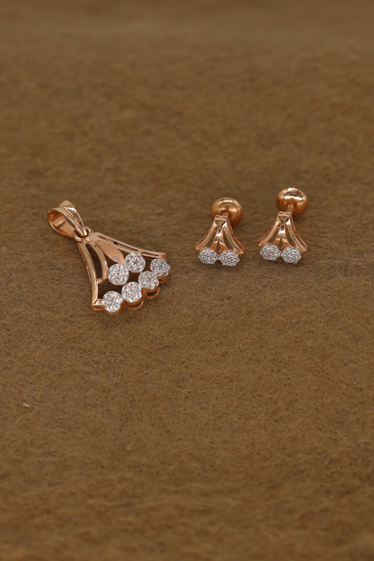 Rose Gold Floral Diamond Pendant & Earring Set – Elegant Jewelry for Women