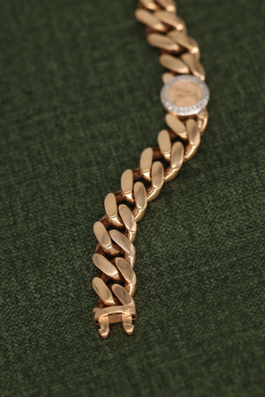 Gold Cuban Link Bracelet with Diamond-Circle Medallions & Secure Box Clasp – Luxurious Bracelate Design for Men & Women