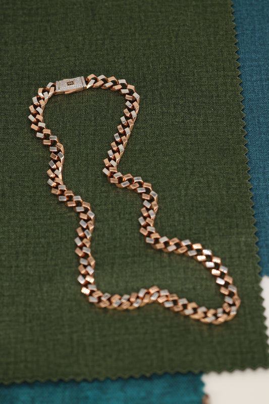 Rose Gold and Silver Dual-Tone Square Link Chain Necklace with Signature Diamond Clasp
