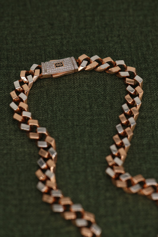Rose Gold and Silver Dual-Tone Square Link Chain Necklace with Signature Diamond Clasp