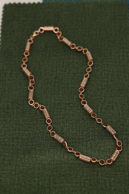 Exquisite Rose Gold Rudraksha Necklace with Intricate Filigree Cylinders