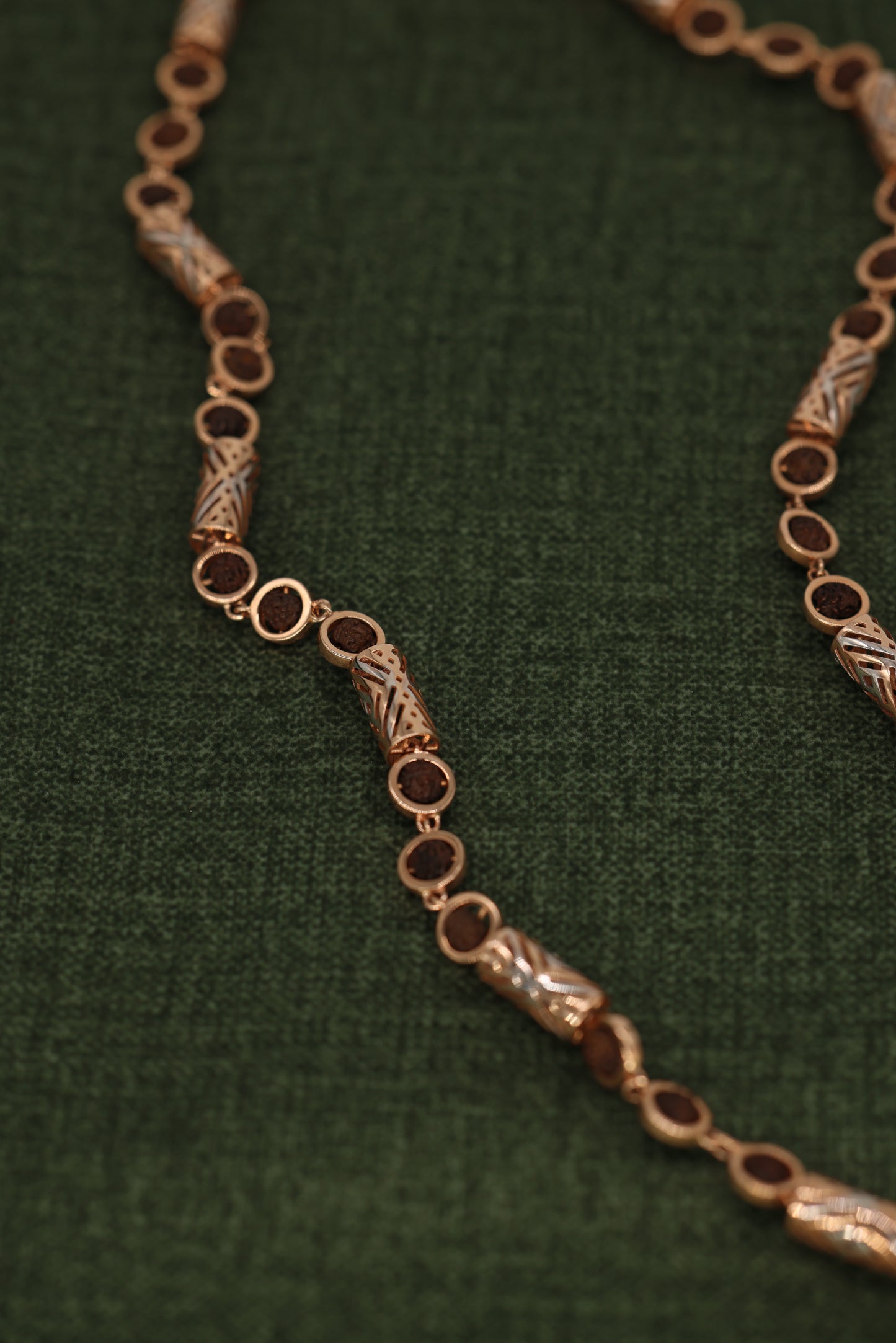 Exquisite Rose Gold Rudraksha Necklace with Intricate Filigree Cylinders