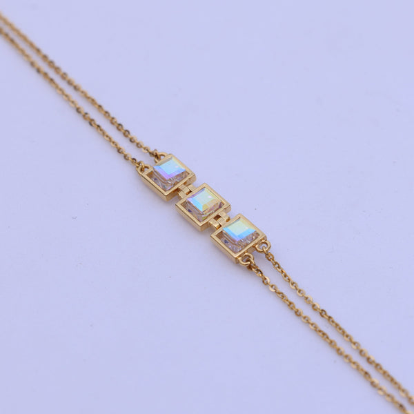 Stylish Gold Bracelet with Square Crystal Stones – Minimalist Double Chain Design