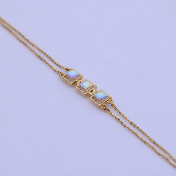 Stylish Gold Bracelet with Square Crystal Stones – Minimalist Double Chain Design