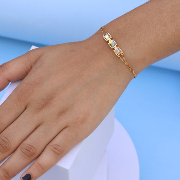 Stylish Gold Bracelet with Square Crystal Stones – Minimalist Double Chain Design