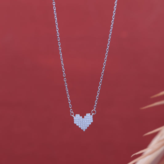 925 Sterling Silver Chain Necklace - Pixel Heart Moissanite / Lab grown Diamond Pendant