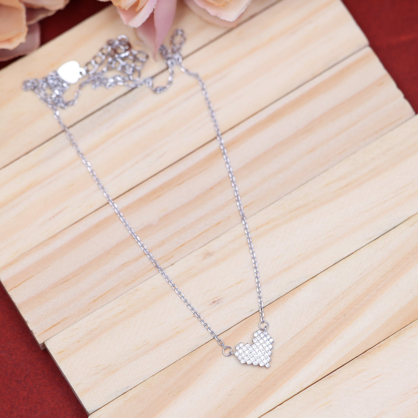 925 Sterling Silver Chain Necklace - Pixel Heart Moissanite / Lab grown Diamond Pendant