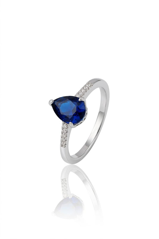 925 Sterling Silver Pear Cut Blue Sapphire Ring Women American Diamond Band Gift