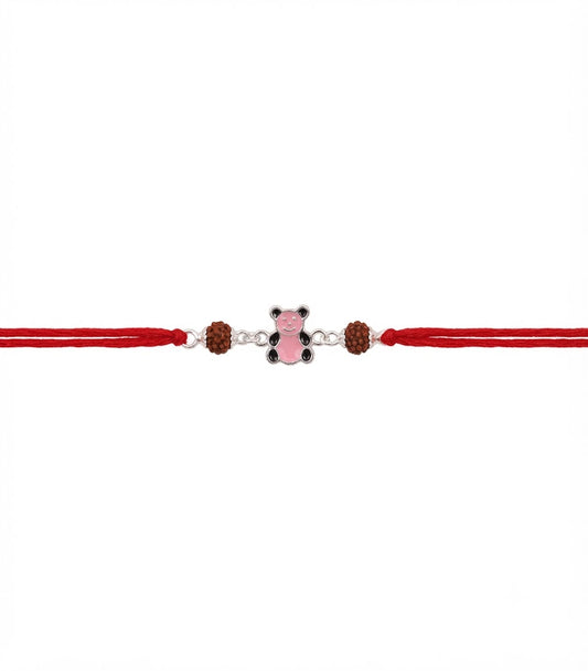 Cute Pink Bear Enamel Silver Rakhi for Kids