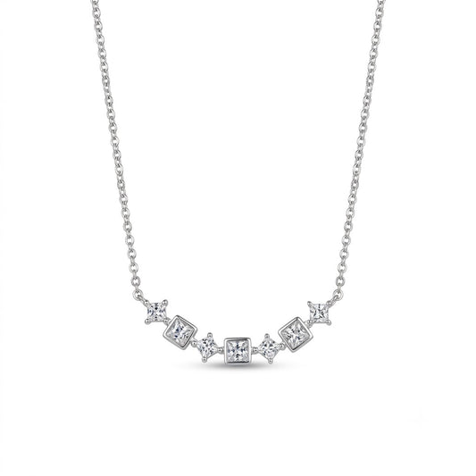 92.5 Sterling Silver Station Necklace with Square Cut Clear Stones Minimalist Chain