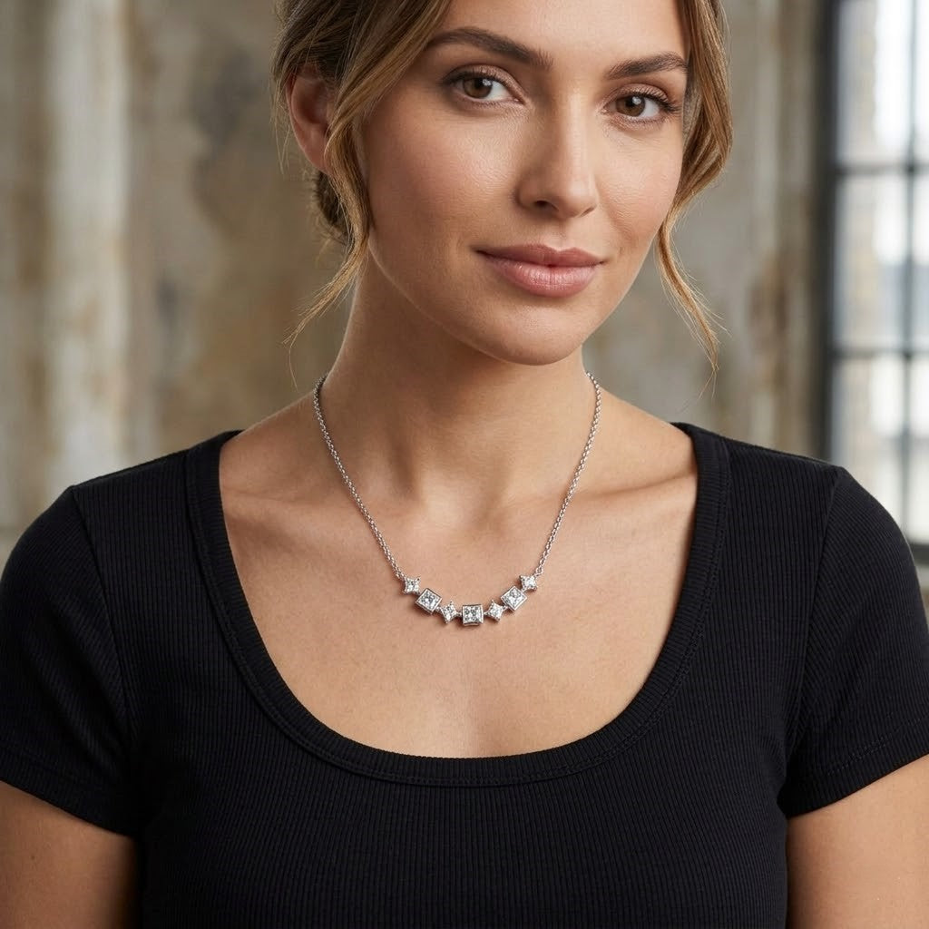 92.5 Sterling Silver Station Necklace with Square Cut Clear Stones Minimalist Chain