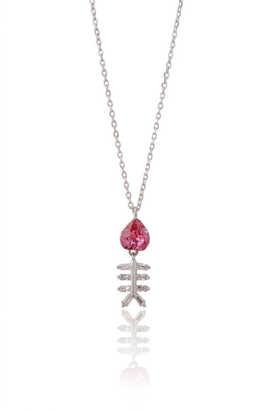 925 Sterling Silver Pink Heart Fishbone Necklace