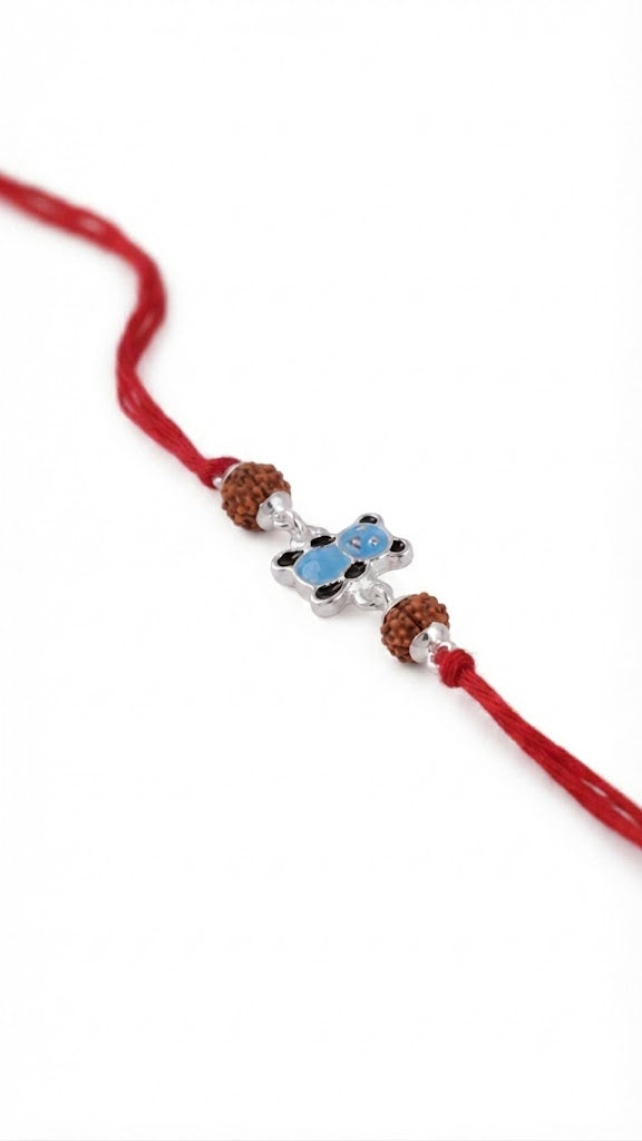 Adorable Bear Cub Silver Rakhi with Rudraksha Beads for Kids