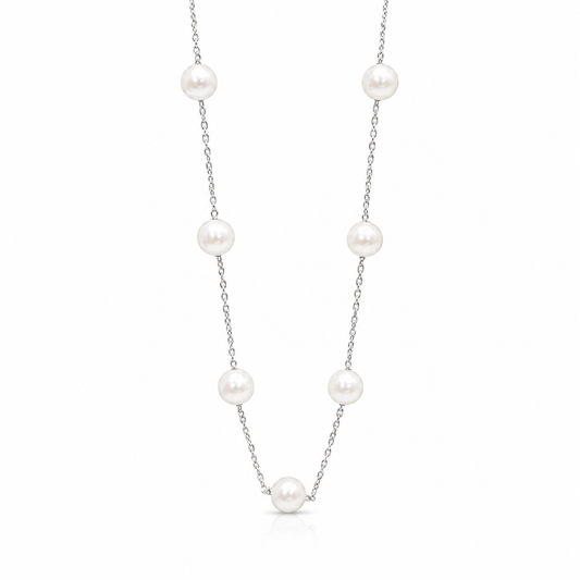 White Pearl Station Necklace Silver Tone Chain Elegant Long Beaded Necklace