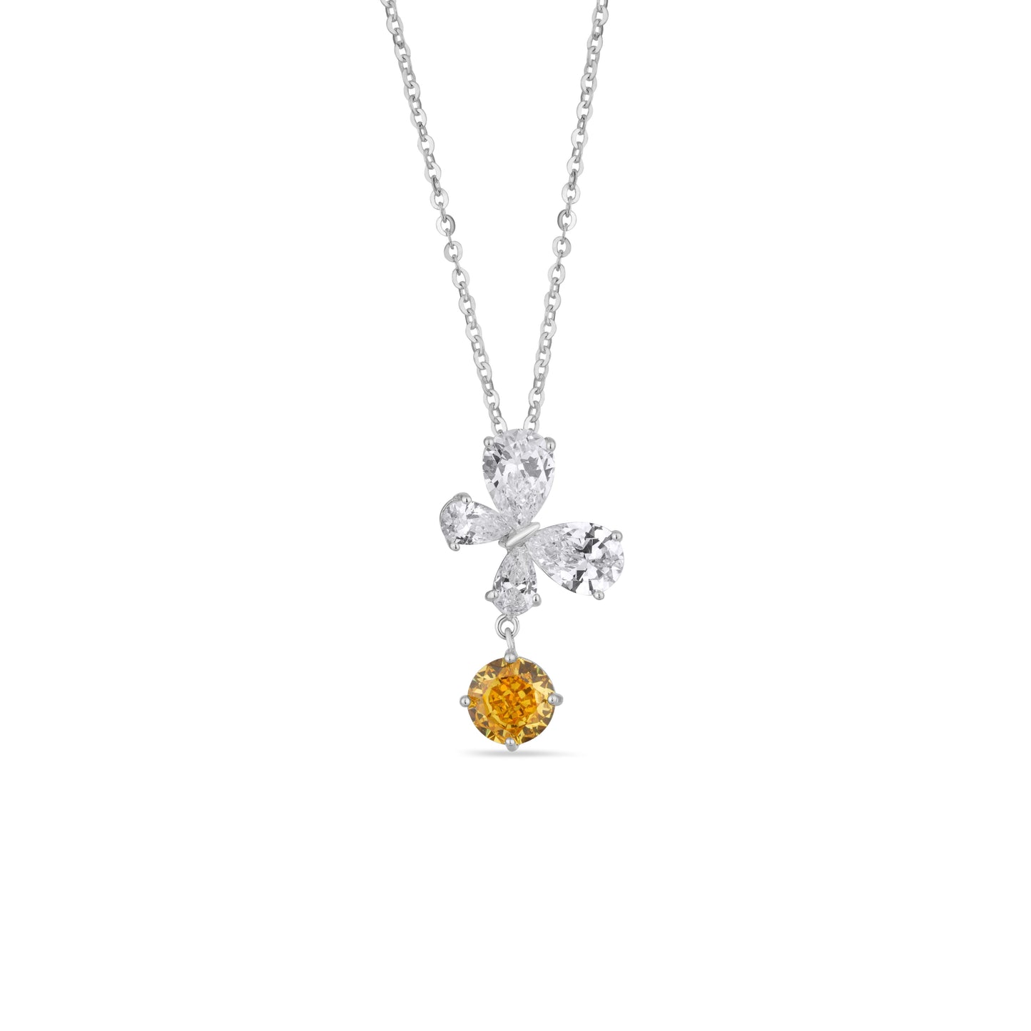 Luxurious 925 Sterling Silver Canary Yellow & White CZ Butterfly Pendant Necklace