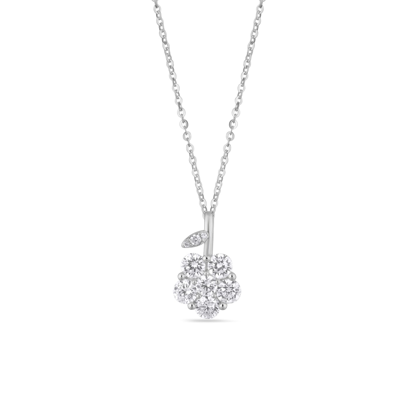 Silver Flower Cluster Pendant Necklace with American Diamonds