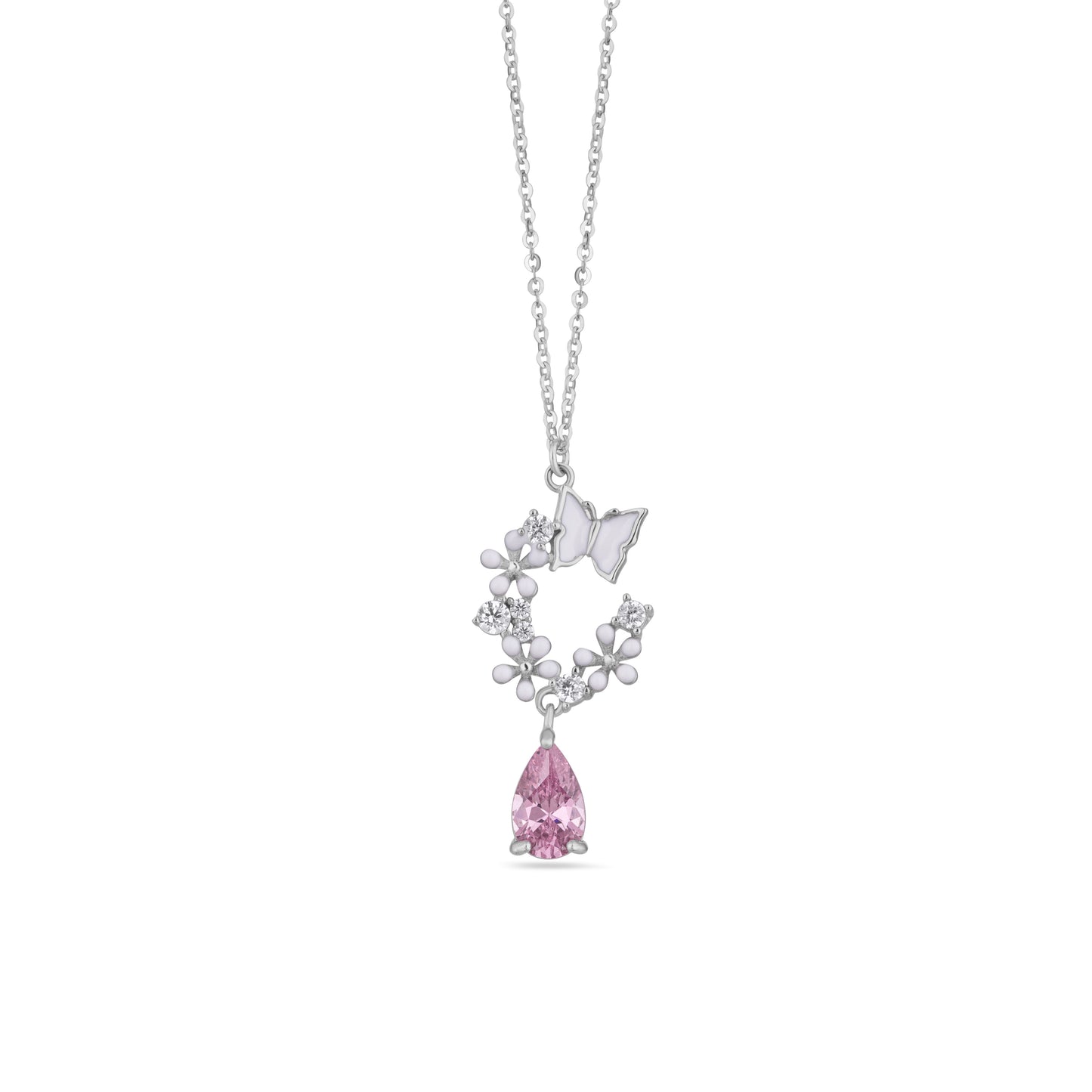 925 Sterling Silver Butterfly Garden Necklace Pink Teardrop CZ American Diamond Pendant Chain For Women Fine Jewelry Gift