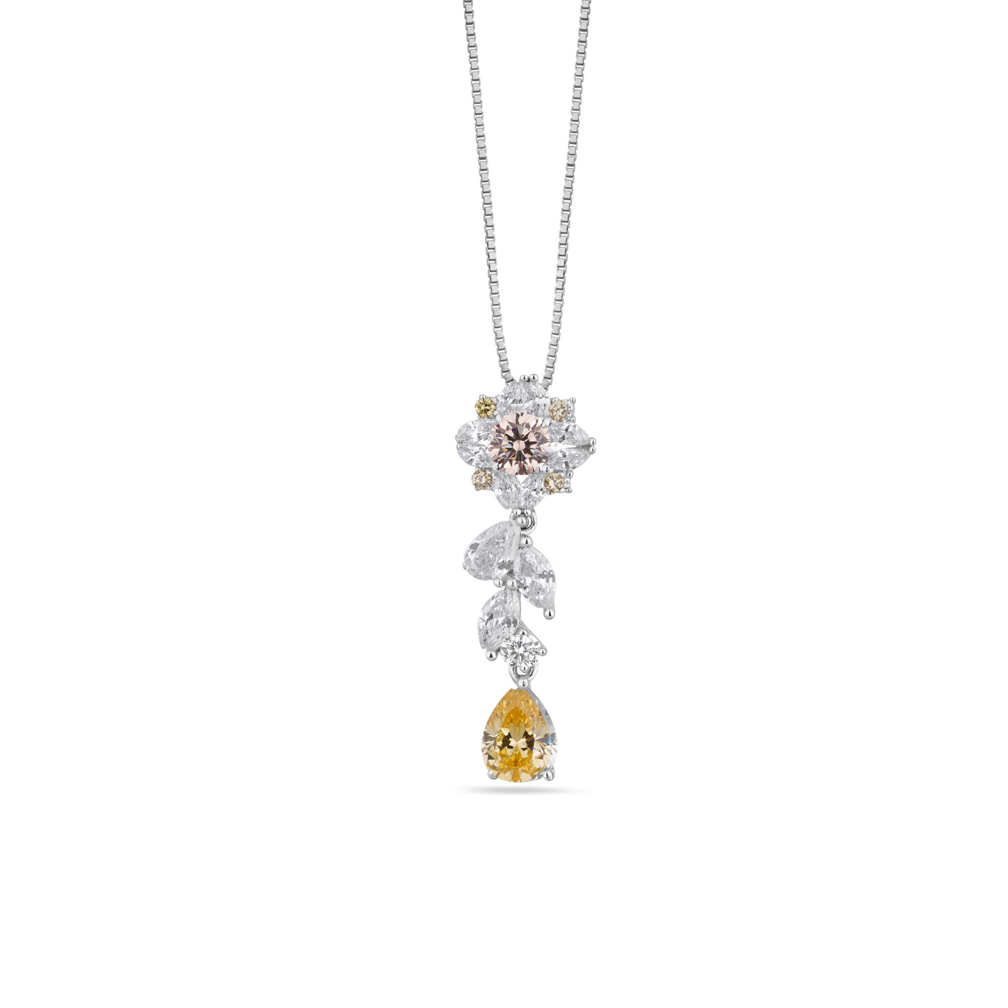 Yellow Pear Cut Diamond Flower Pendant 925 Silver Chain