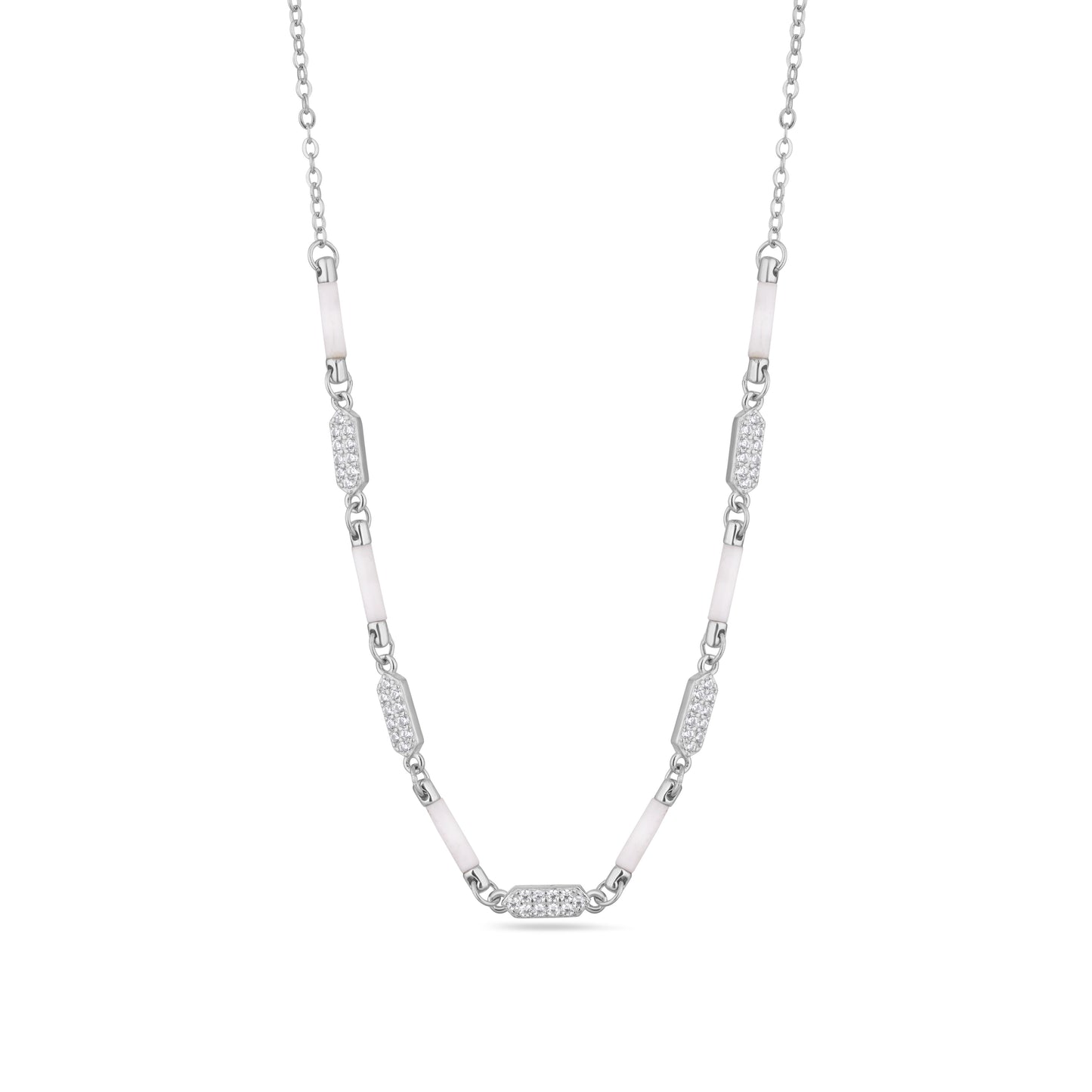 925 Sterling Silver Chain Necklace for Women with American Diamond & White Enamel Bar Accents