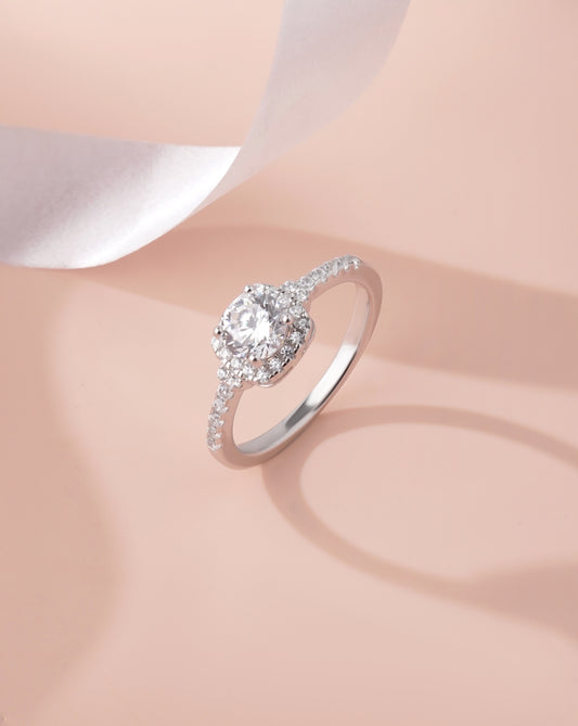 925 Sterling Silver Halo Moissanite Diamond Women Engagement Ring Brilliant Cut Round