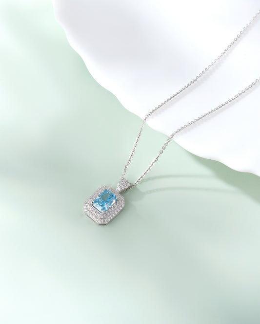 Blue Topaz Halo American Diamond Silver Chain Pendant