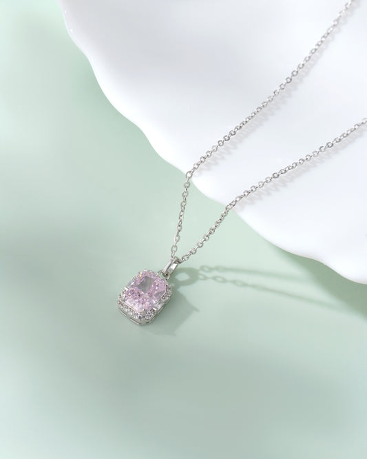 Radiant Cut Pink Diamond Halo Silver Chain Pendant