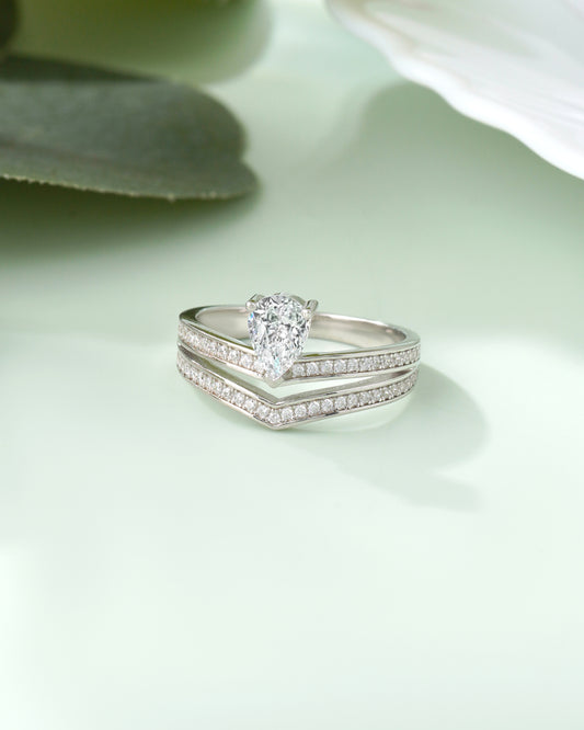 925 Sterling Silver Pear Cut Diamond Ring Set for Women American Diamond V Band