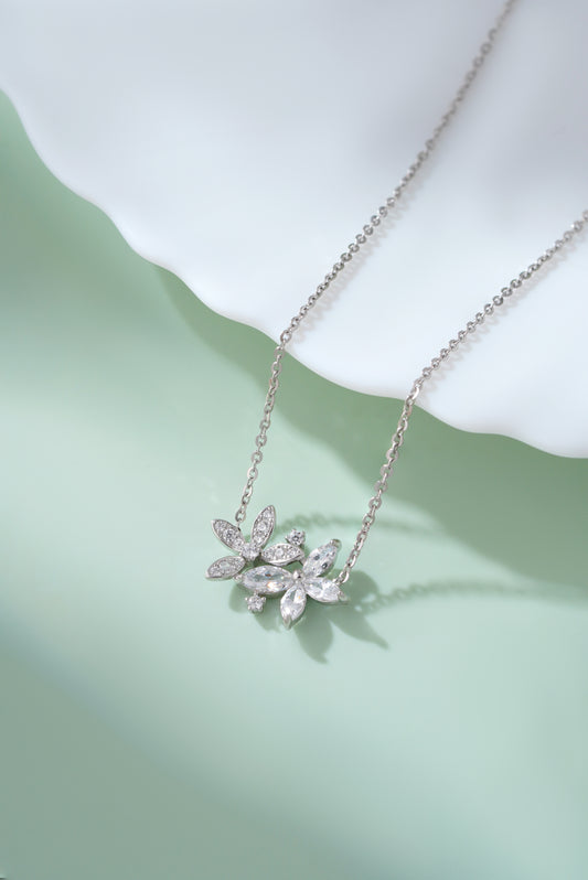Sterling Silver Marquise Cut Cubic Zirconia Dual Floral Pendant Necklace