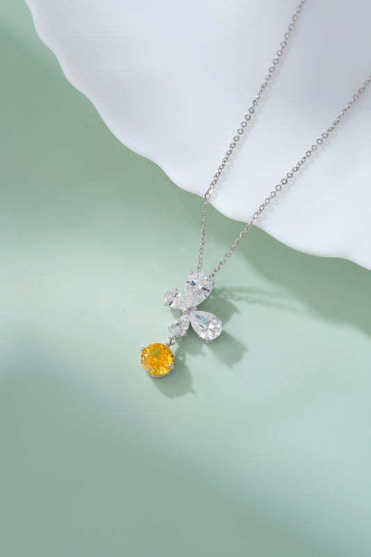 Luxurious 925 Sterling Silver Canary Yellow & White CZ Butterfly Pendant Necklace
