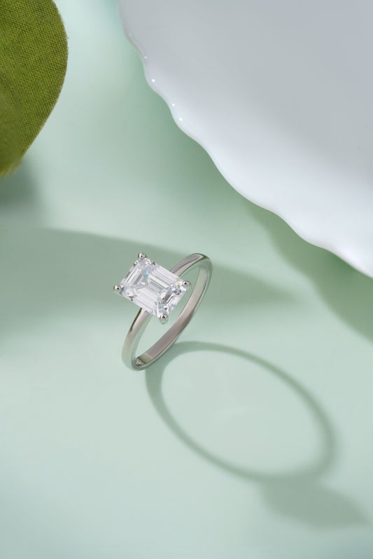 925 Sterling Silver Emerald Cut American Diamond Solitaire Ring Women