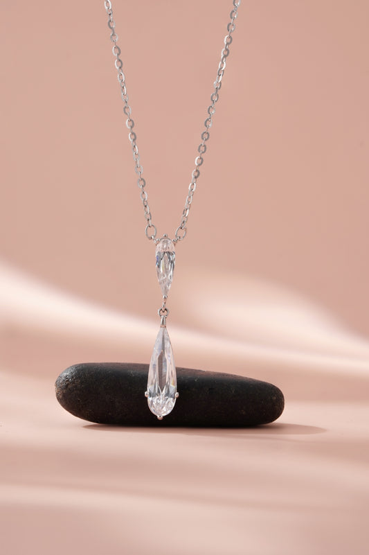 American Diamond Double Pear Drop Silver Chain Pendant