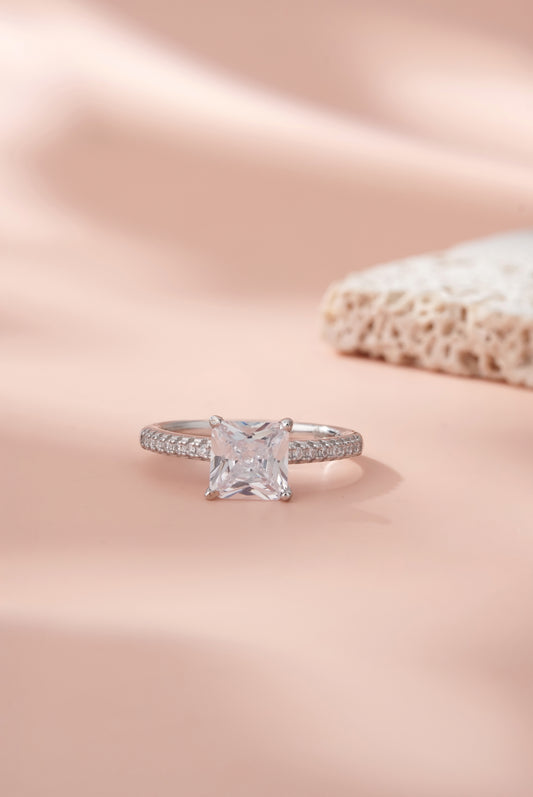 925 Sterling Silver Princess Cut American Diamond Ring - Women's Fine Jewelry