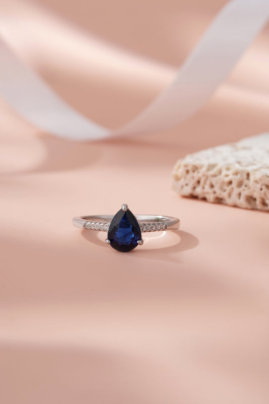 925 Sterling Silver Pear Cut Blue Sapphire Ring Women American Diamond Band Gift