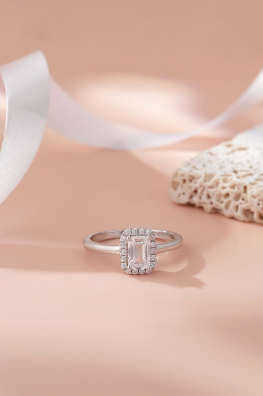 925 Sterling Silver Emerald Cut American Diamond Halo Ring for Women Promise Gift