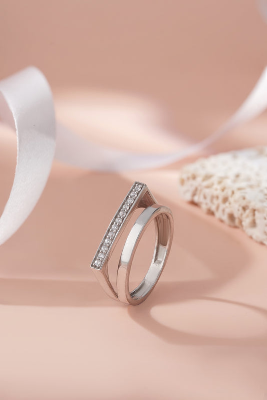 925 Sterling Silver Geometric Ring for Women American Diamond Double Band Jewelry