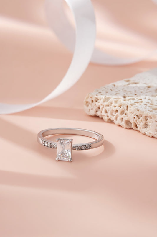 925 Sterling Silver Ring Women American Diamond Emerald Cut Solitaire Wedding Band