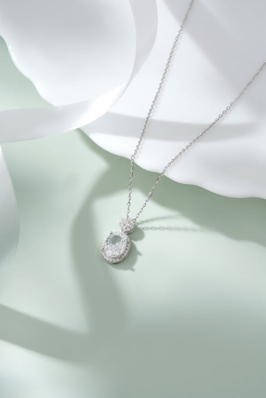 925 Sterling Silver American Diamond Pendant Chain Women’s Oval Halo Solitaire