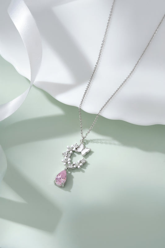 925 Sterling Silver Butterfly Garden Necklace Pink Teardrop CZ American Diamond Pendant Chain For Women Fine Jewelry Gift