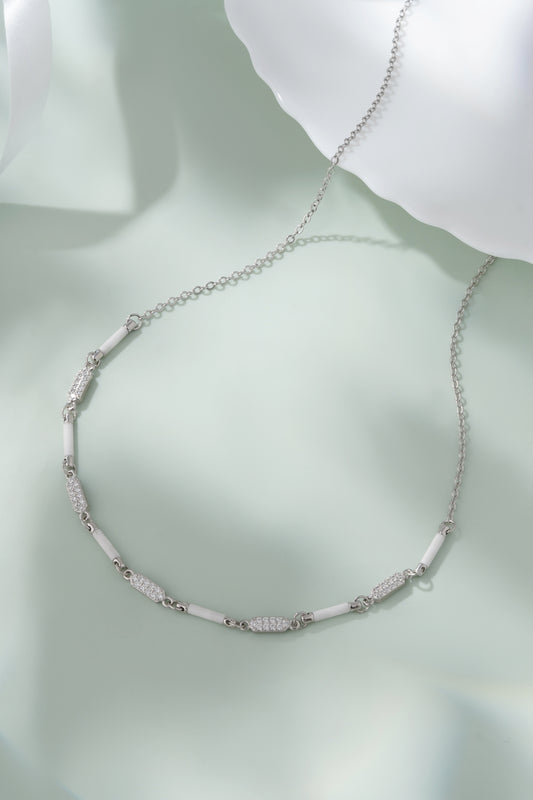 925 Sterling Silver Chain Necklace for Women with American Diamond & White Enamel Bar Accents