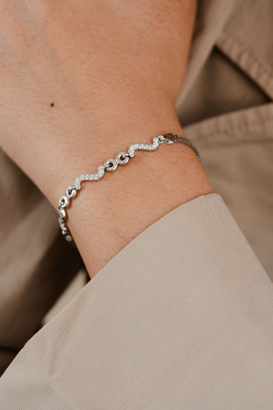 Silver Wave Link Bracelet with American Diamonds