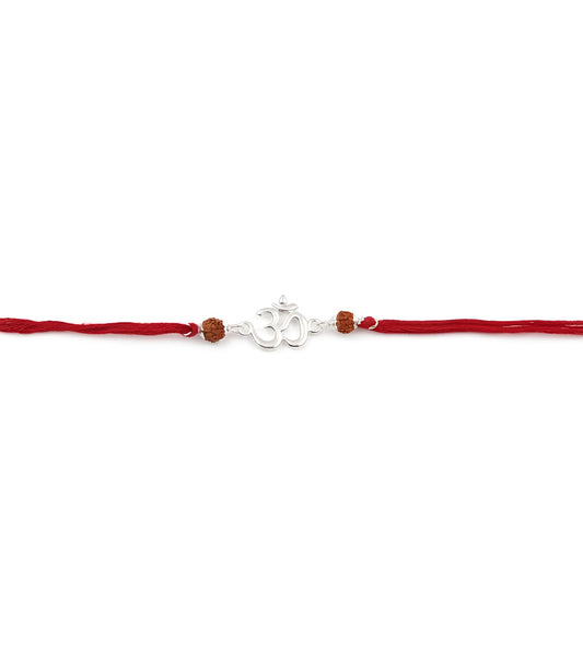 Divine Om Silver Rakhi with Natural Rudraksha Beads