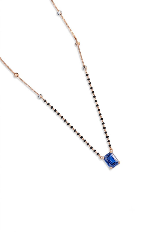 Rose Gold Mangalsutra Necklace with Blue American Diamond Pendant – Graceful & Contemporary