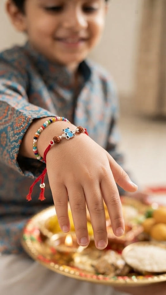 Adorable Bear Cub Silver Rakhi with Rudraksha Beads for Kids